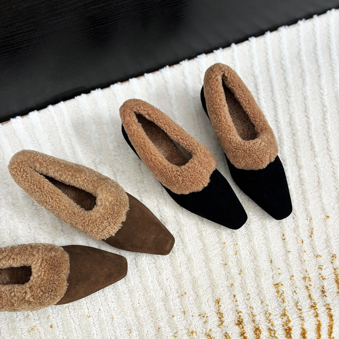 2.5cm/2741牛皮方头低跟加绒保暖毛毛女鞋韩版深口时尚单鞋女