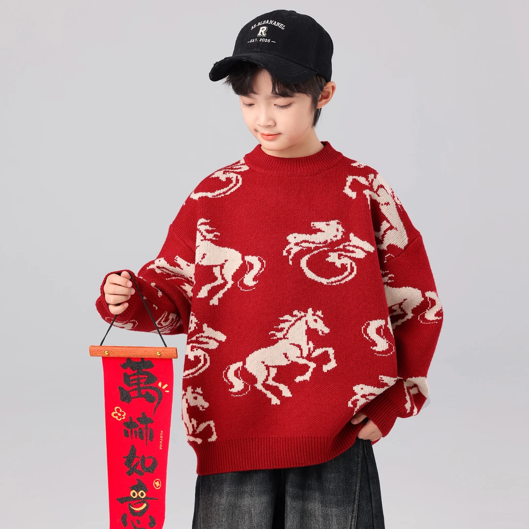 男童毛衣秋冬款2025新款冬季加厚红色本命年针织衫中大童打底衫潮