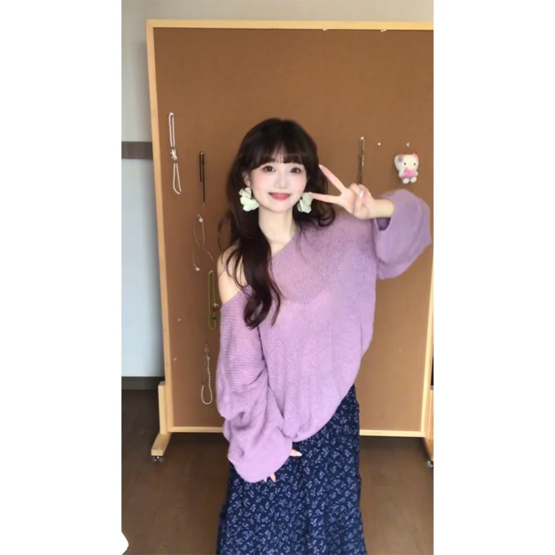 韩系穿搭套装早秋宽松洋气慵懒风入秋长袖毛衣小个子碎花半身长裙