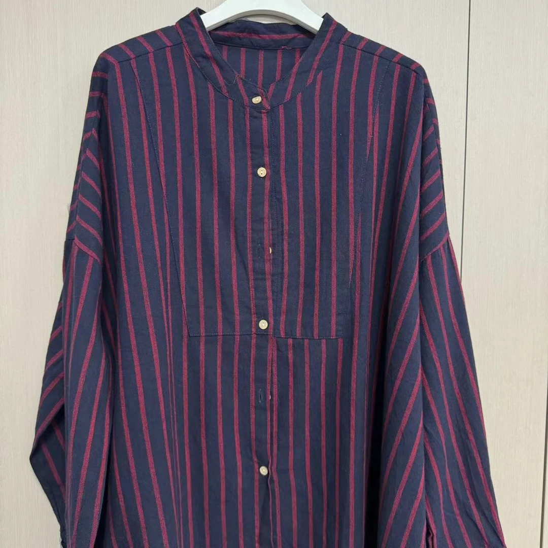 【沐木流浪记】百搭时尚两色条纹圆领倒三角女衬衫Z