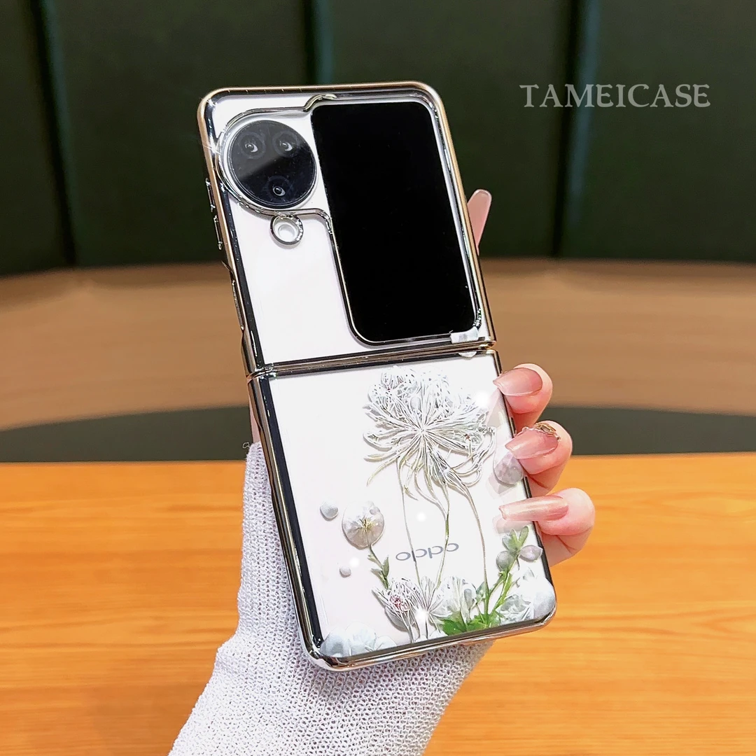 适用【OPPOFINDN3FLIP】富贵花电镀银折叠机高颜值支架简约手机壳女