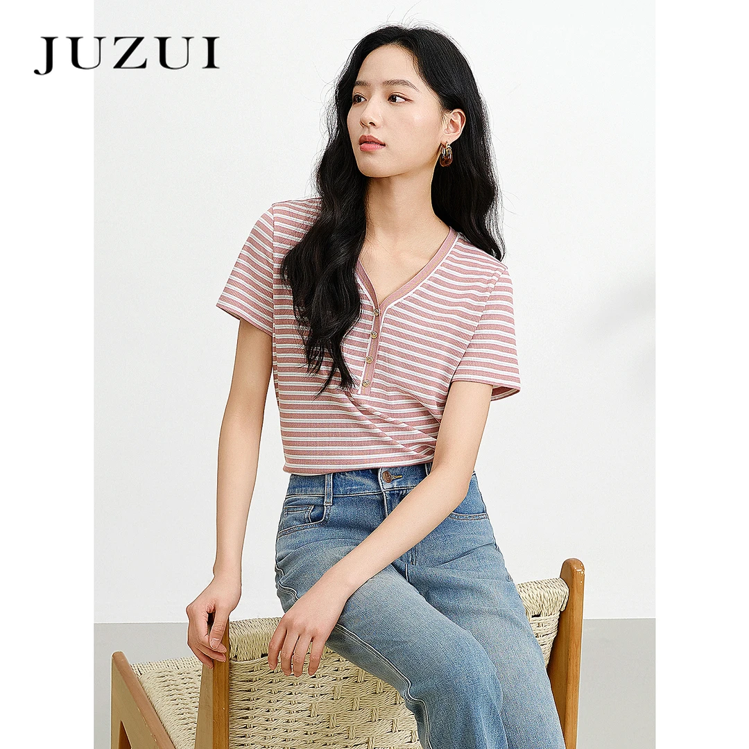 JUZUI玖姿通勤时尚条纹V领T恤女2025夏季新款JWFX83318