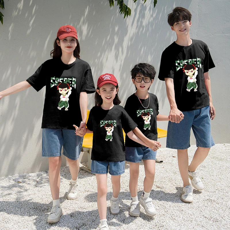 2025新款夏季亲子装一家三口T恤短袖儿童家庭全家套装哪吒图