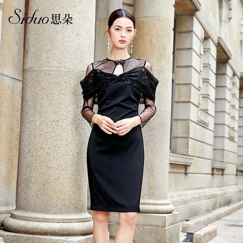 S23117思朵SIDUO蕾丝短款百搭气质时尚黑色高腰纯色轻奢礼服