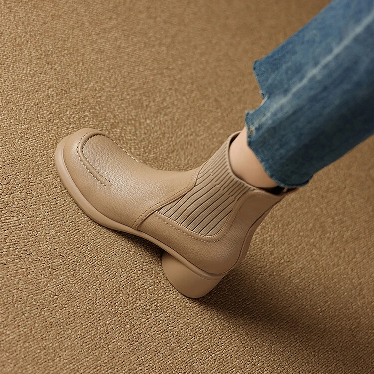 头层羊皮~5cm柔软舒适厚底短靴真皮单靴英伦风复古中跟粗跟女靴子