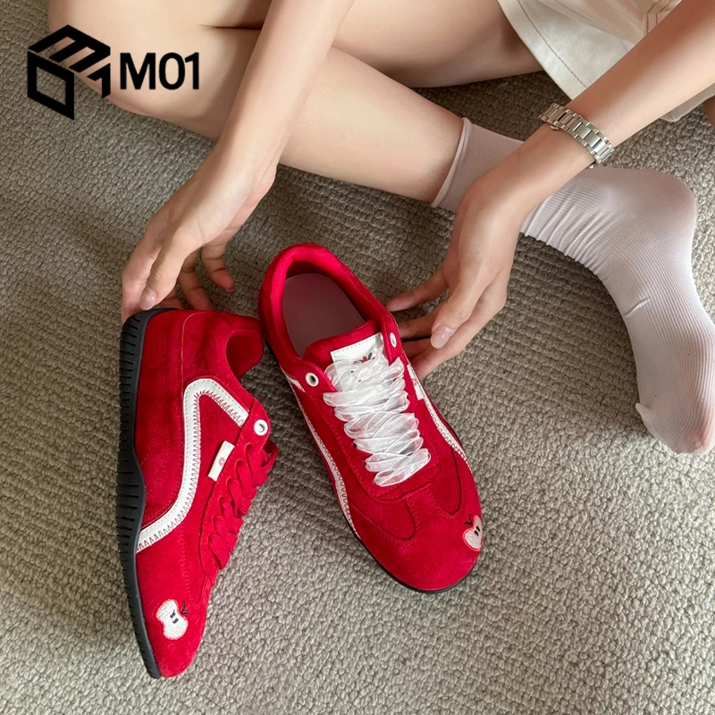 M01苹果鞋红色赛车德训鞋女2025新款网面透气阿甘鞋运动休闲鞋