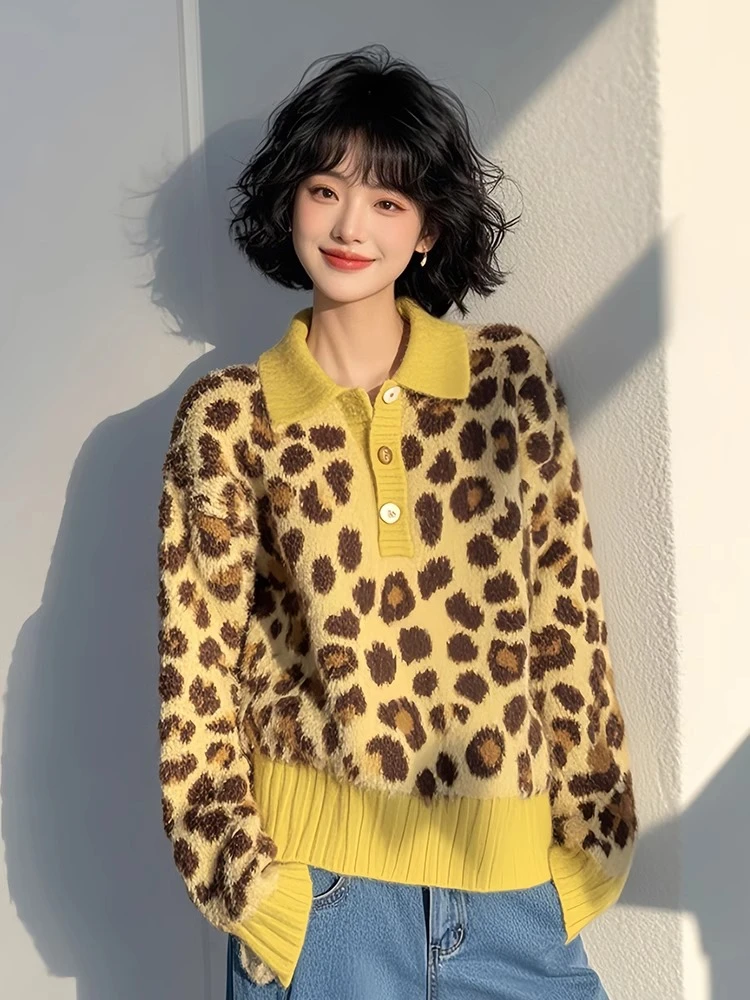韩系独特漂亮黄色豹纹POLO领针织毛衣女款2025新款冬季超好看内搭