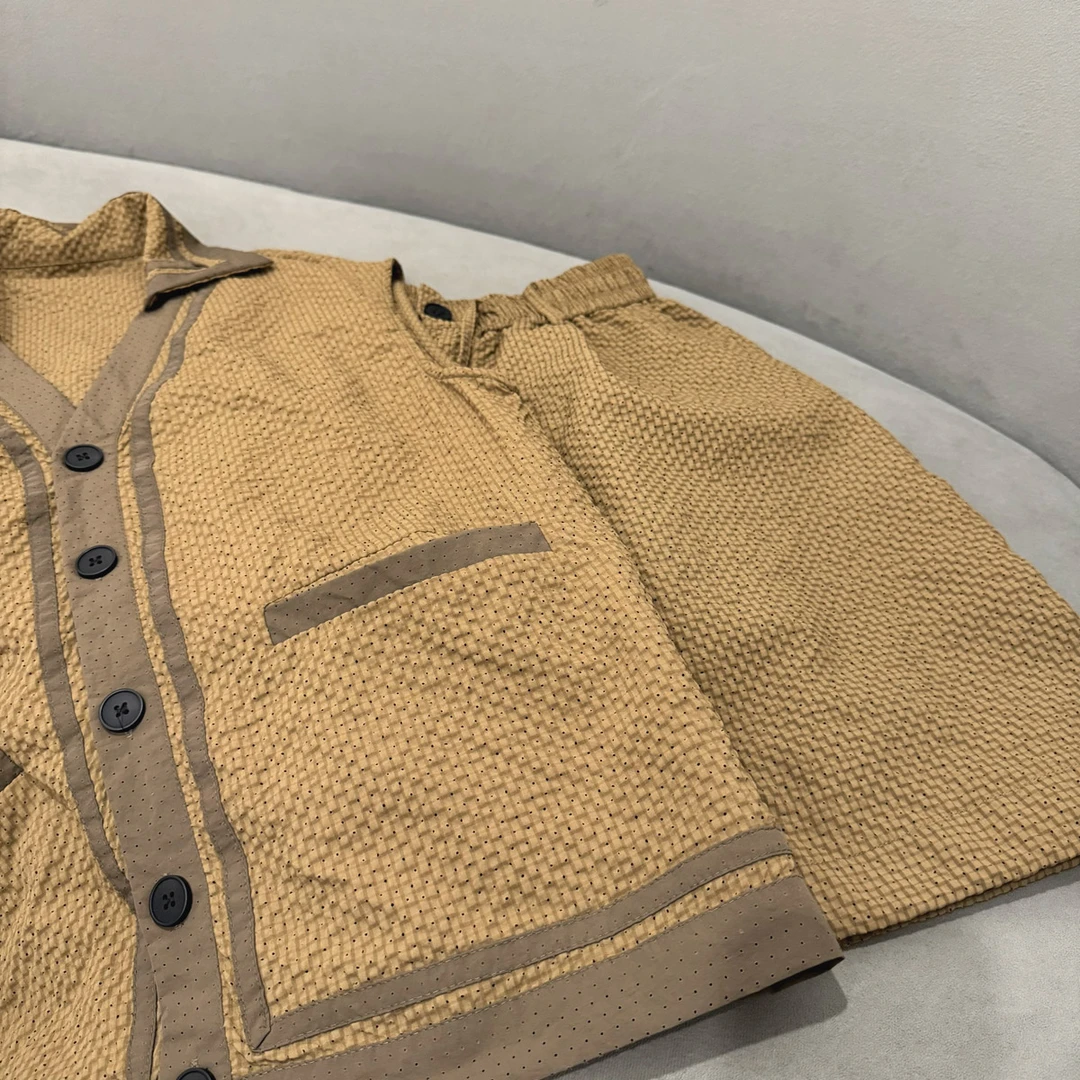 夏季新品镂空坎肩男士衬衫套装潮流INS休闲百搭户外无袖两件套