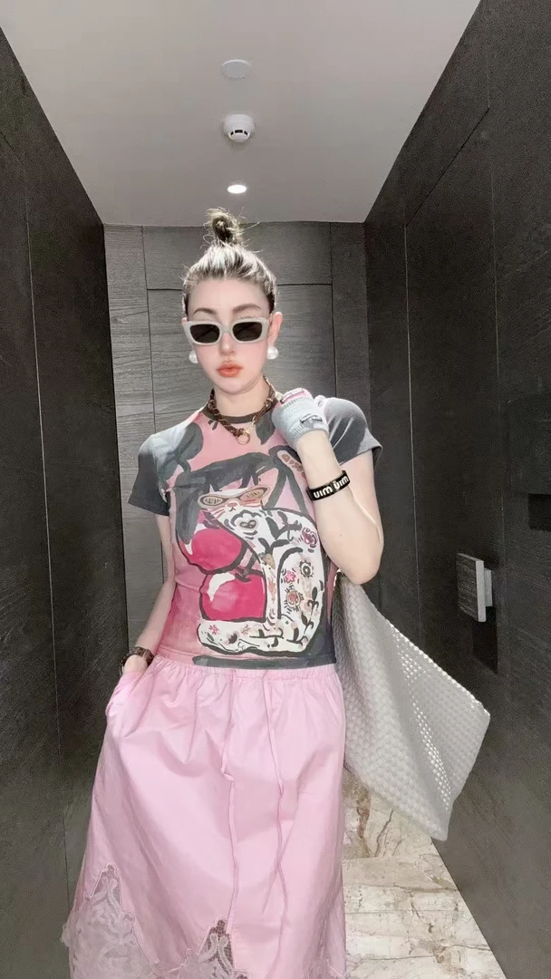 【HAV】新款时髦圆领小猫涂鸦印花短袖上衣