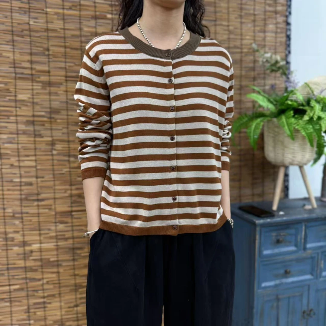 9355新款春季洋气时尚减龄气质简约条纹针织开衫