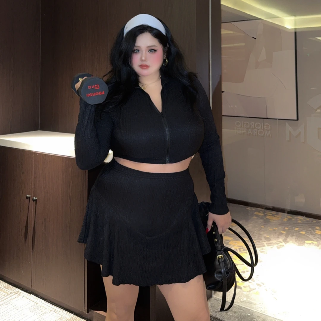 LY大码  早秋美式休闲长袖短款开衫上衣➕荷叶边A字半身短裙套装