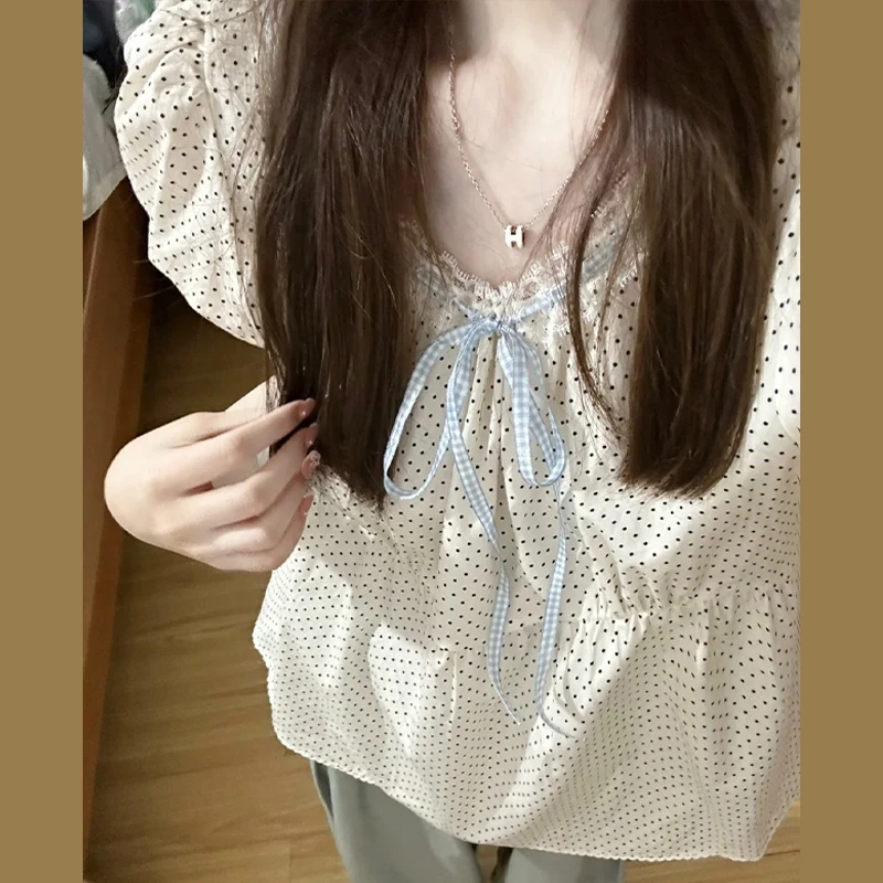 蝴蝶结系带波点泡泡袖短袖衬衫女夏季新款小众别致宽松显瘦上衣潮
