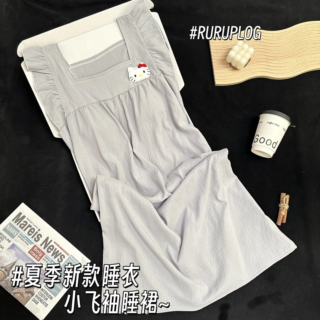 带胸垫小飞袖睡裙女款2025新款夏季云感棉凯蒂猫睡衣可外穿家居服