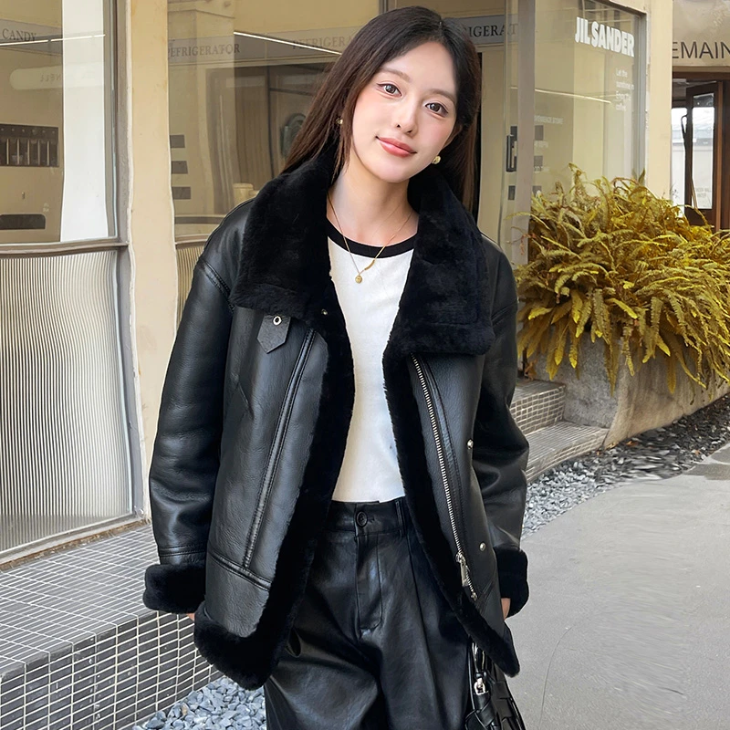 真皮皮毛一体女外套羊羔毛绵羊皮短款机车皮草皮衣夹克2024冬新款