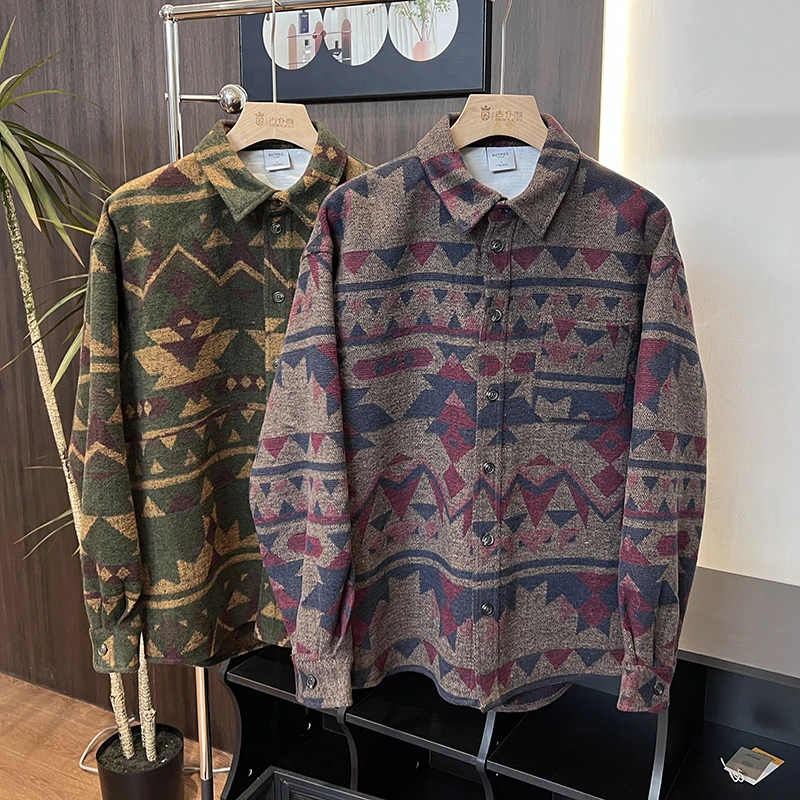 含羊毛民族风复古花纹毛呢衬衫潮牌休闲潮流ins外套GS1389