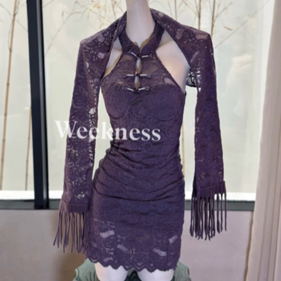 「weekness」新中式蕾丝立领旗袍纯欲辣妹紫色挂脖情趣内衣女9012