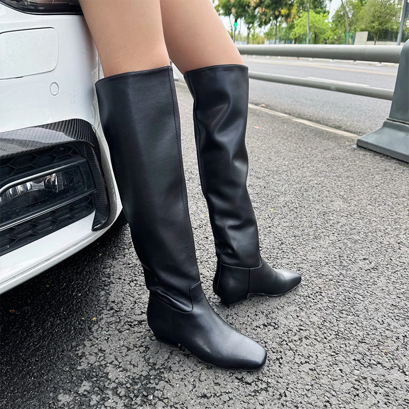 【短发姐妹】3cm~秋冬新款时装靴松弛感大筒粗跟真皮时尚长筒及膝靴