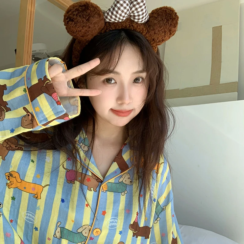 侘町2025年新款春秋新款纯棉棉纱星星腊肠狗狗长袖休闲家居服套装