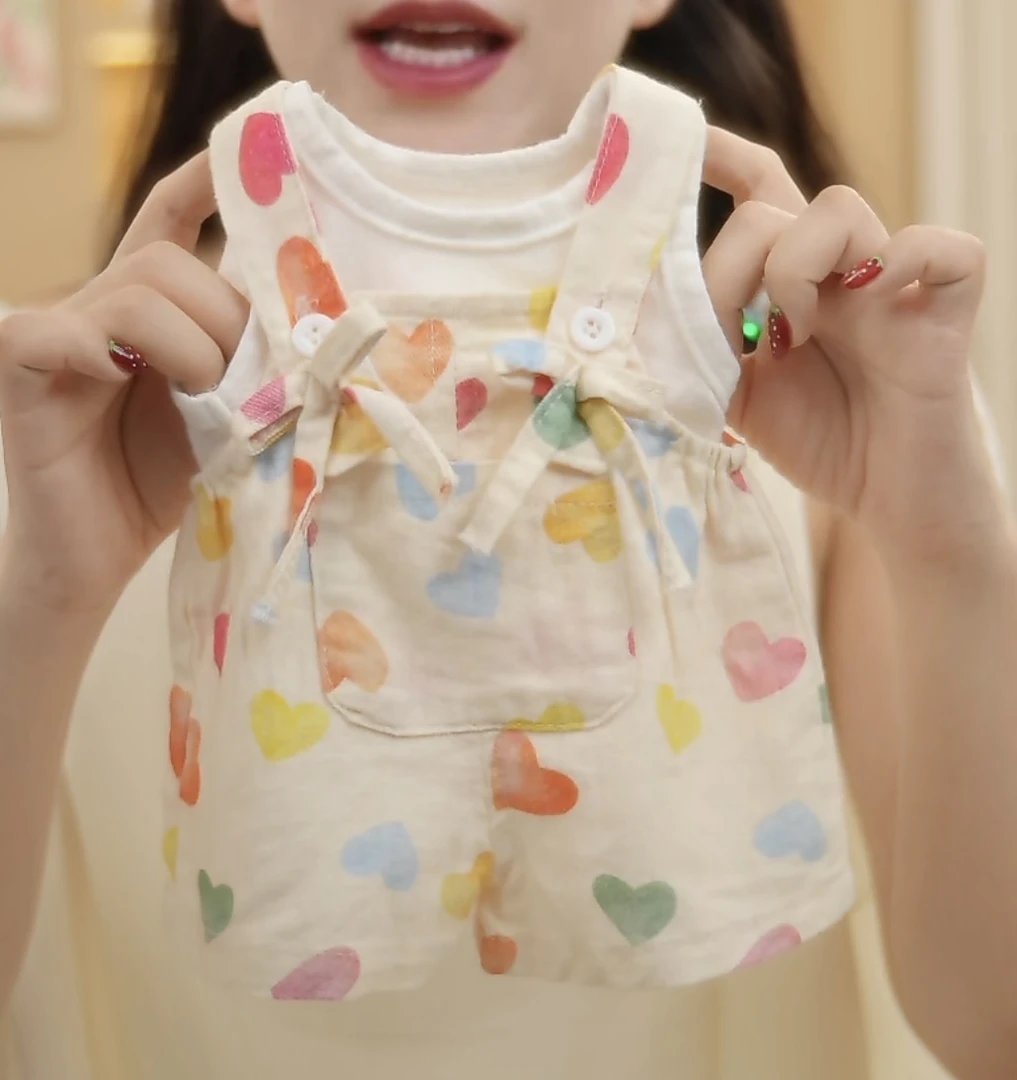 夏季女宝夏季爱心吊带背带裤甜美可爱清新外出套装