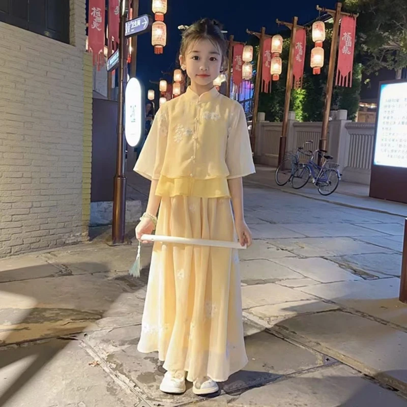 女童汉服夏季2025新款儿童新中式国风套装中大童休闲两件套裙裤潮