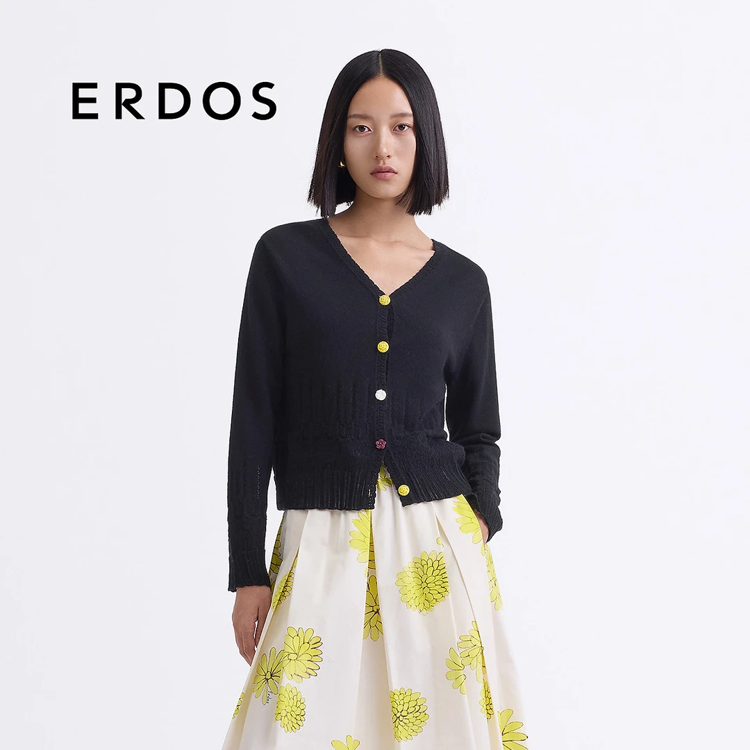 ERDOS 黑色V领蕾丝花边羊绒开衫春彩色花瓣扣针织毛衣