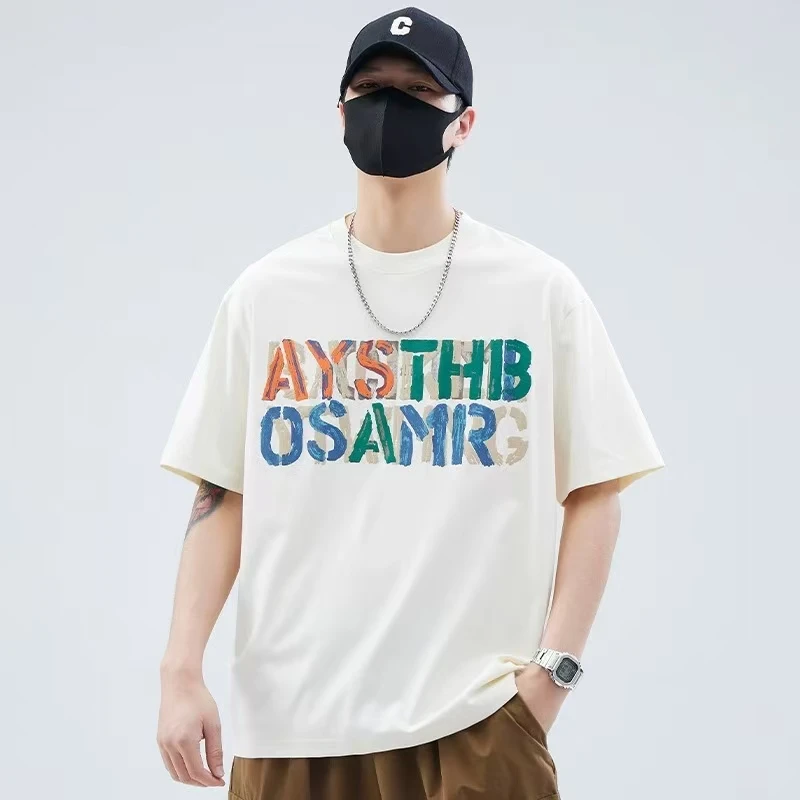 男士短袖t恤夏季潮流彩绘字母印花宽松半袖休闲上衣k25006