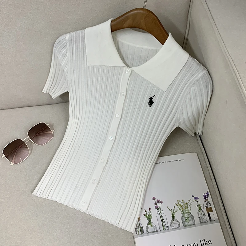 【南油溪溪】翻领气质夏季显瘦修身针织短袖T恤上衣女800382清