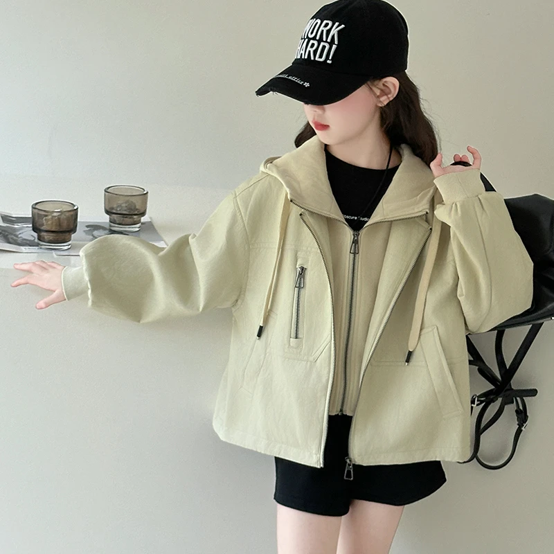 中大童8-15岁女外套女童皮衣儿童假两件上衣洋气夹克秋季连帽休闲