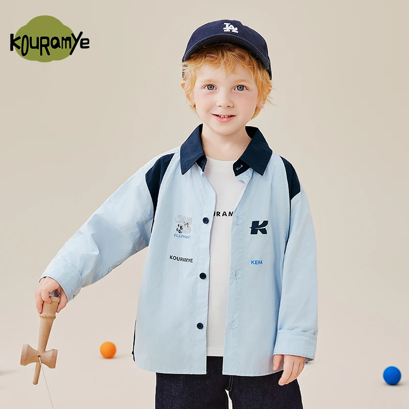 酷娃米2025年春季新款中小男童舒适百搭撞色拼接长袖衬衫20725