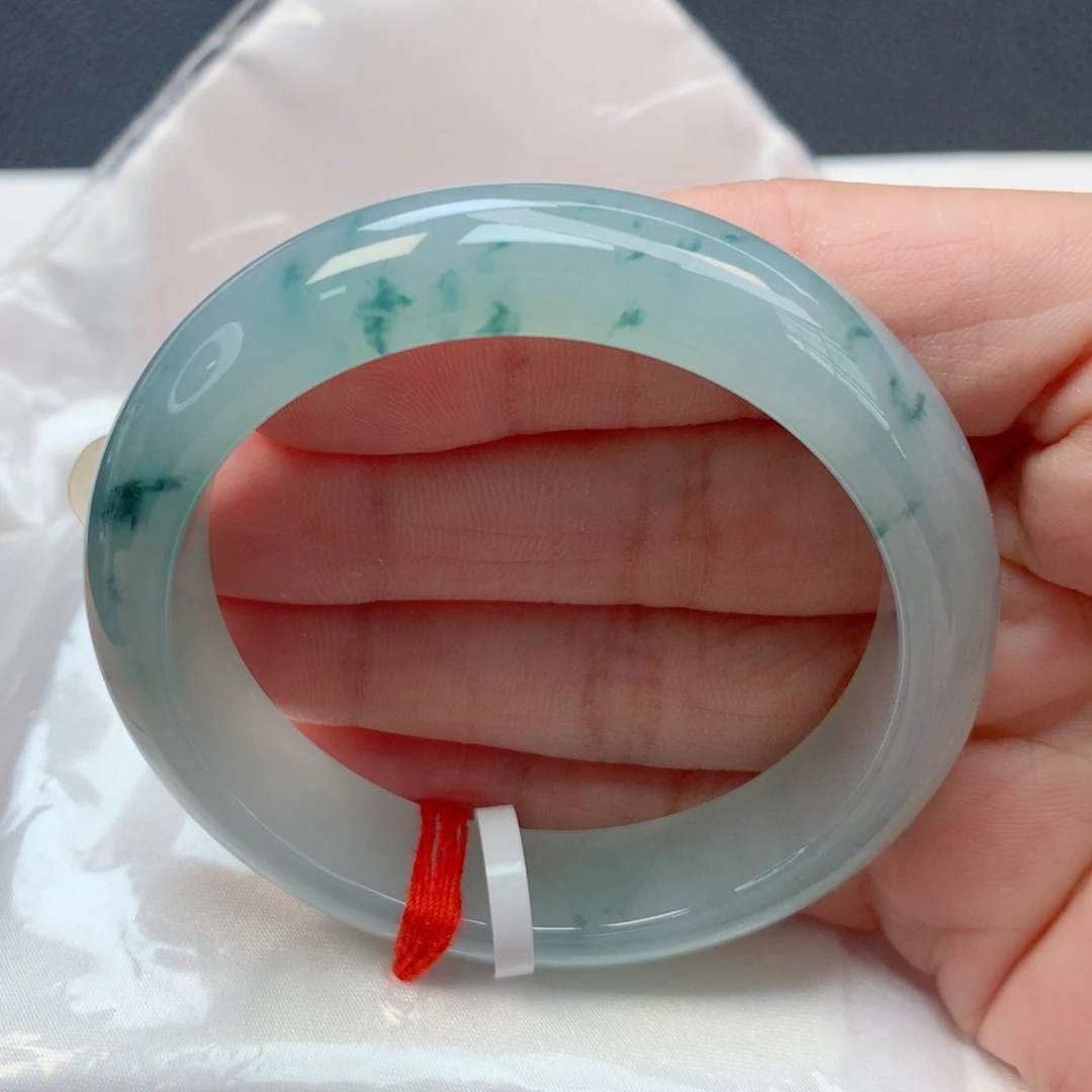 未镶嵌手镯翡翠52.4圈冰种淡蓝底飘蓝花种老完整强推