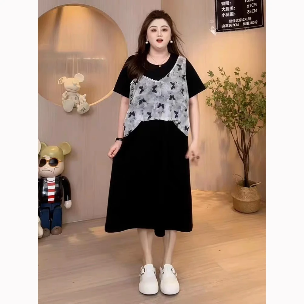 大码撞色假两件吊带T恤连衣裙女2025夏季胖mm宽松显瘦气质小黑裙