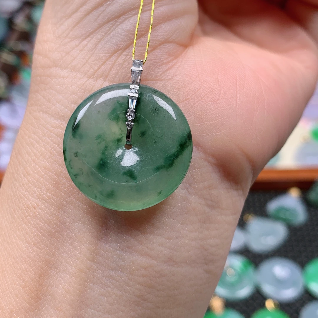 缅甸天然A货翡翠，冰飘花平安扣，编号585/1027尺寸24.4-5