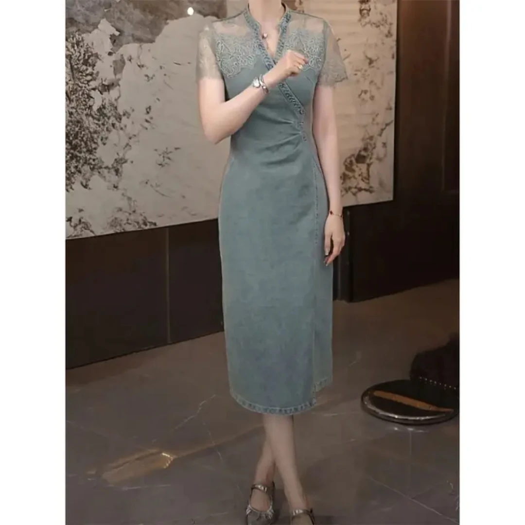 复古开叉法式小众牛仔连衣裙气质通勤显瘦夏季中长裙设计感拼接