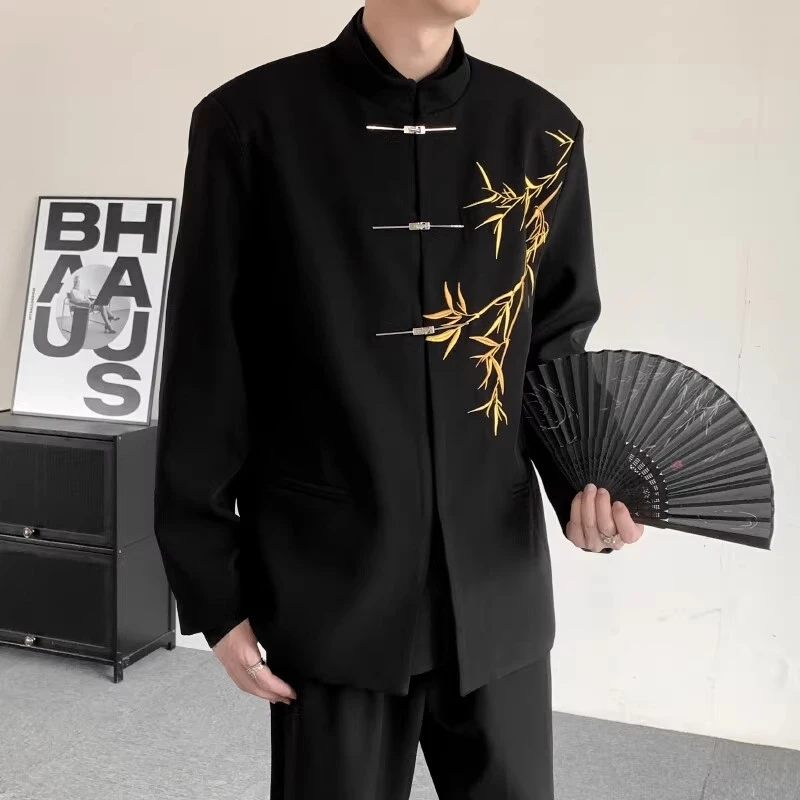 新中式中山装一套高级感中国风立领外套春秋痞帅黑色休闲西装套装