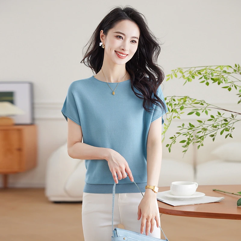 夏装新款纯色100%莱赛尔天丝t恤女时尚洋气宽松显瘦针织小衫