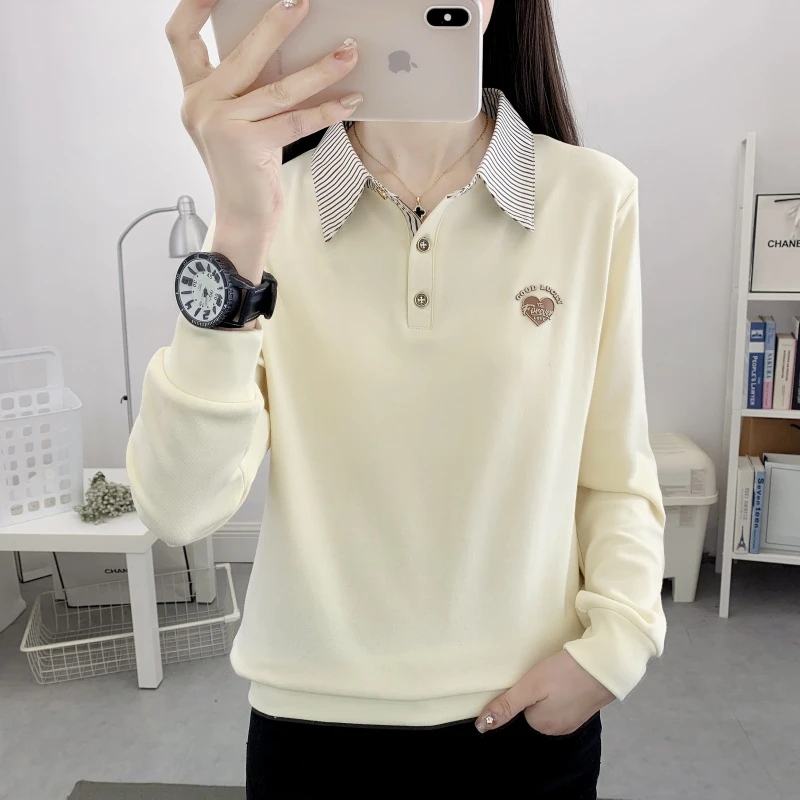 春秋薄款假两件POLO领长袖T恤女装新款时尚韩版宽松百搭女士上衣