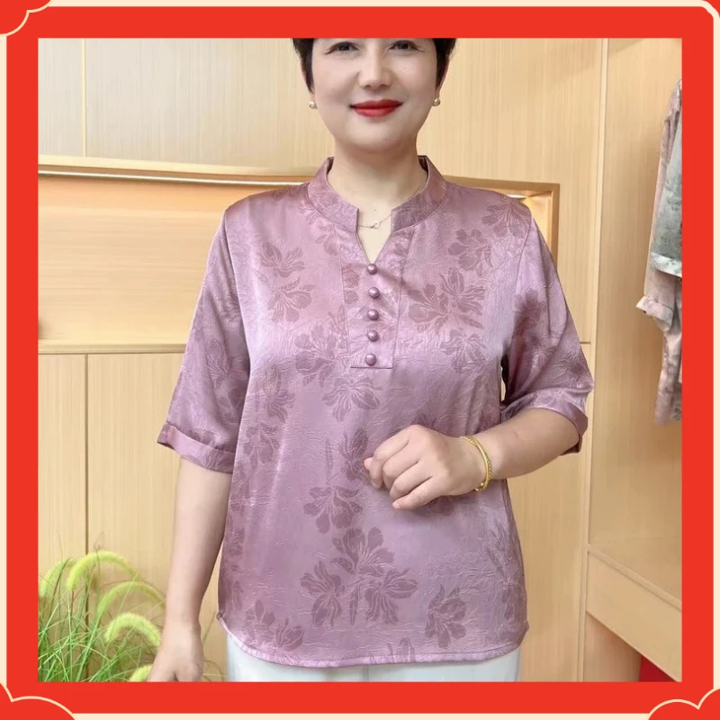 中式夏季宽松显瘦大码小衫中年妈妈洋气时尚大版t恤女士有领t恤