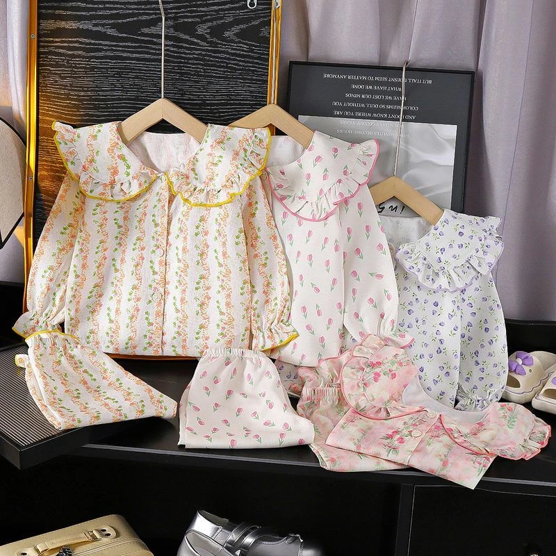 儿童春夏2025家居服套装娃娃领男女童泡泡棉薄款空调服长裤休闲