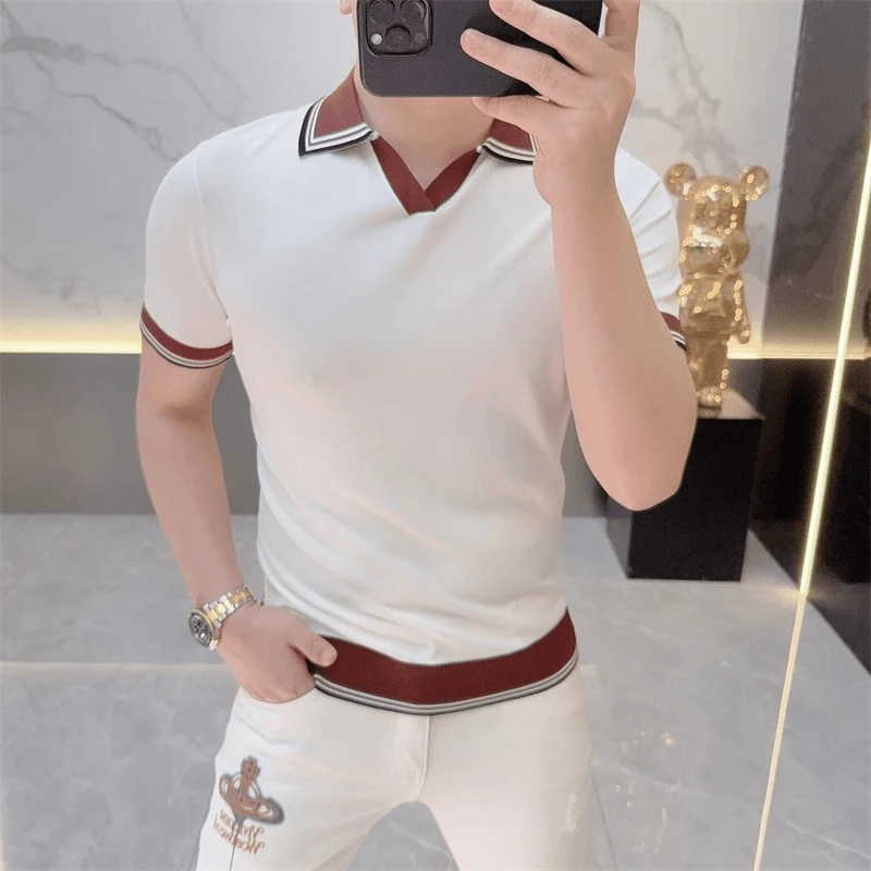 2025欧货轻奢夏季男士针织冰丝短袖T恤男POLO衫条纹时尚百搭上衣