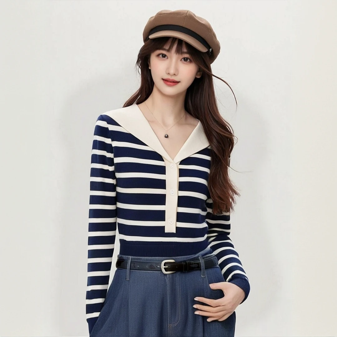 804秋季新款法式小众设计拼接海军风V领开衫条纹针织衫女