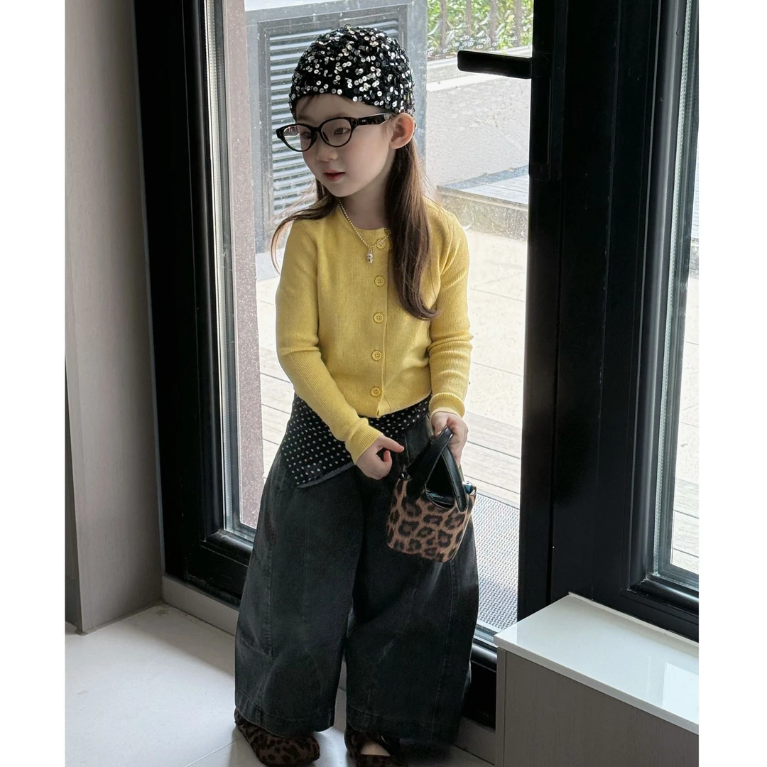 韩系童装2025秋季新款黄色开衫高级黑灰牛仔裤套装