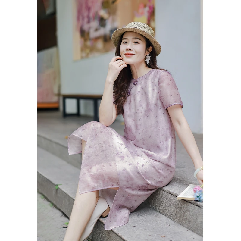 红念紫色印花新中式连衣裙女宽松中长款夏季2025新款女装优雅裙子