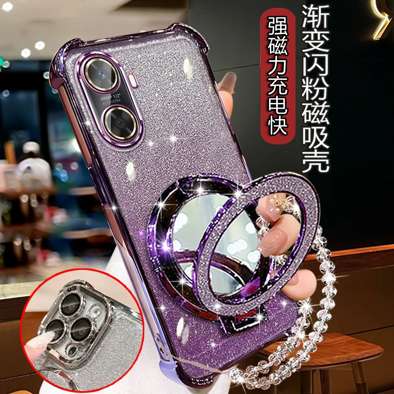 适用华为畅享60手机壳女款渐变闪粉支架镜子MGA-AL40软壳4g带手链