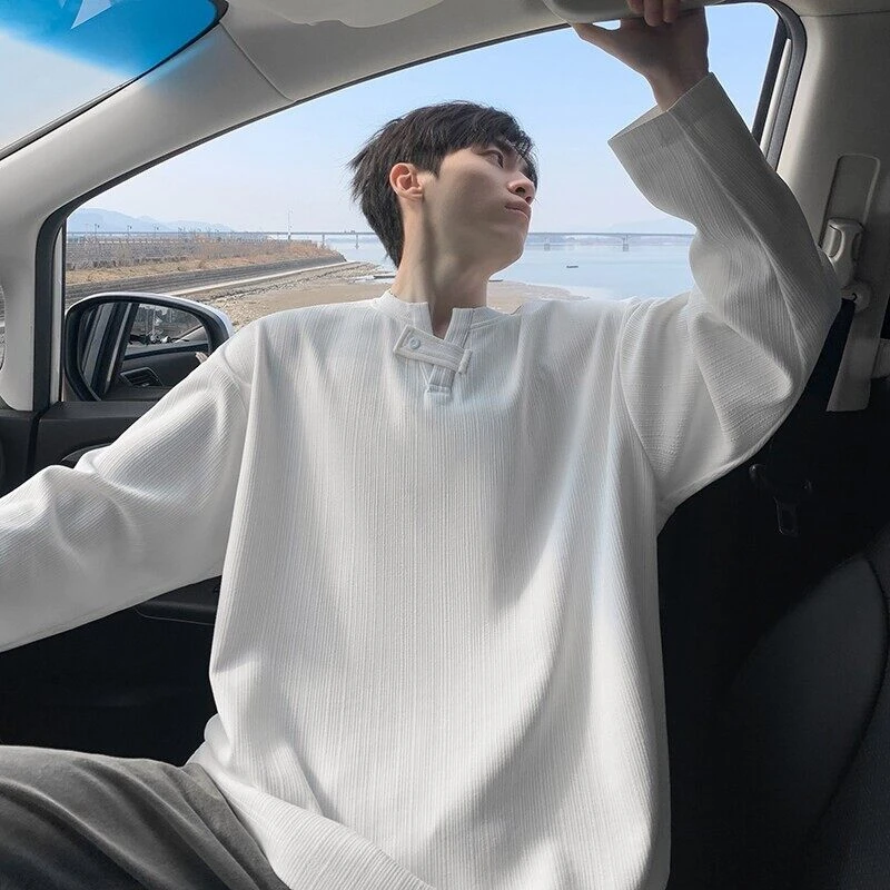 春季新款V领纹理感宽松长袖T恤港风男中性上衣百搭个性衣服