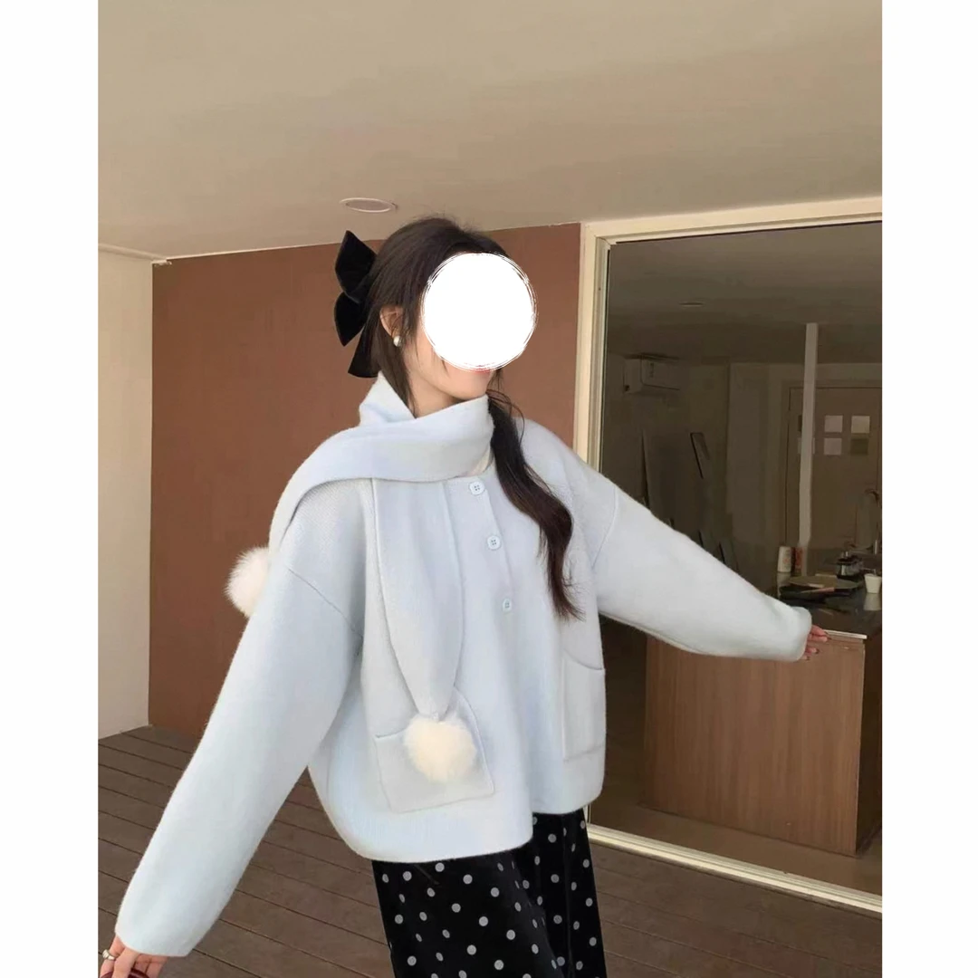 东大门韩版复古纯色双口袋带围脖减龄百搭毛衣4422