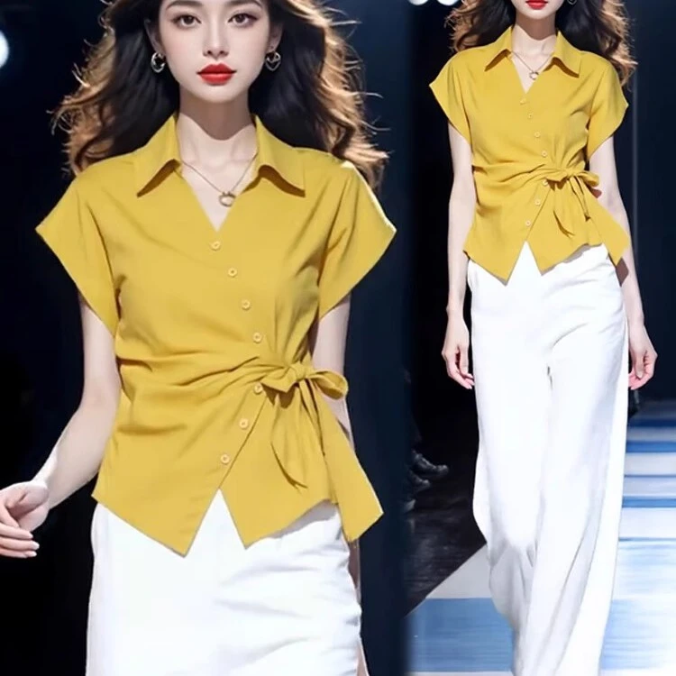 SS1140设计绑带侧腰POLO领短袖衬衫夏气质显瘦时尚休闲减龄上衣