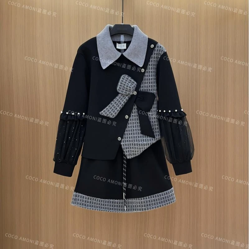 秋冬季高级感新款重工烫钻蝴蝶结设计减龄显瘦百搭套装LDD084