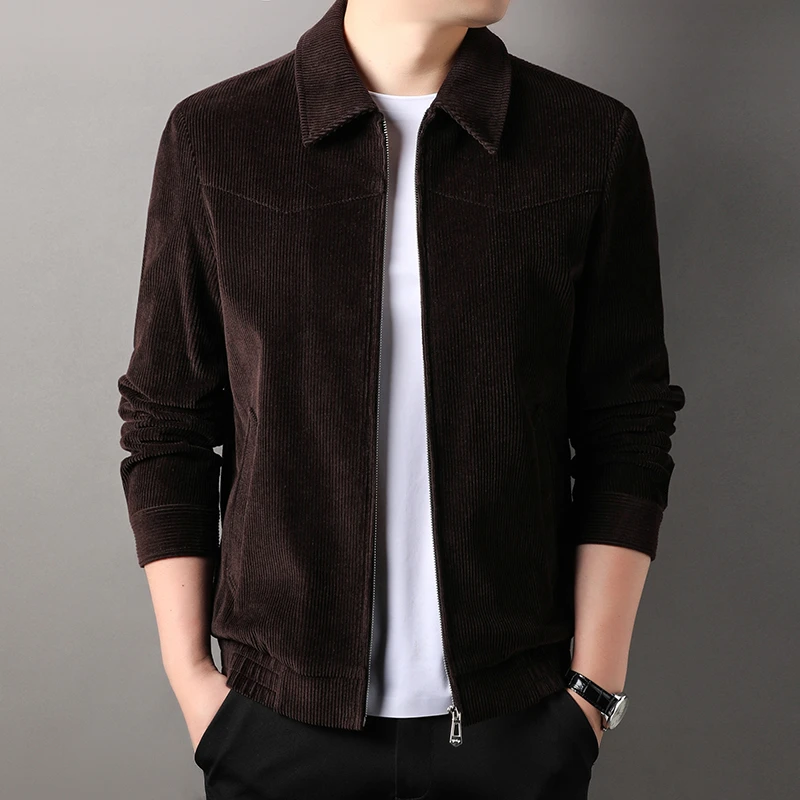 范希巴迪秋季新款灯芯绒翻领长袖外套男商务休闲纯色行政夹克衣服