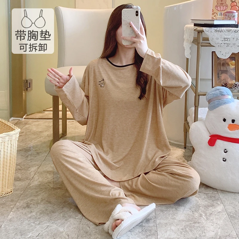 带胸垫莫代尔睡衣女春秋季舒适薄款长袖胖mm加肥大码220斤家居服