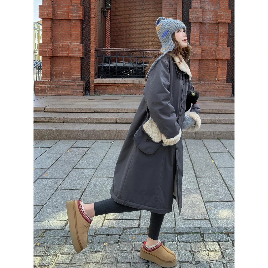 深灰色羊羔毛加绒加厚棉服外套女冬2025新款韩系时髦洋气保暖大衣